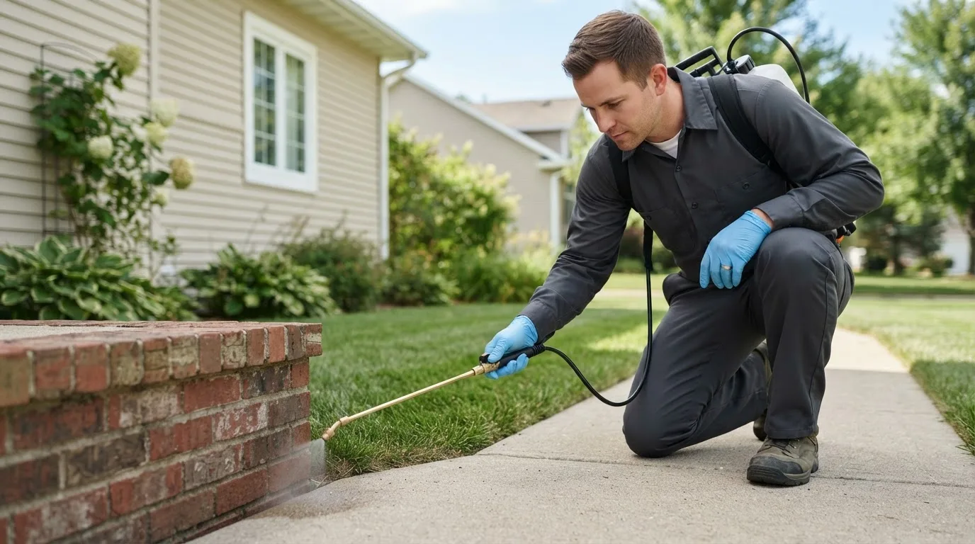 Pest control technician treating a home near Wiley, CO