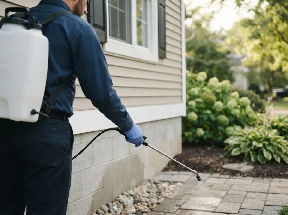 Pest control technician inspecting a home in Wiley, CO